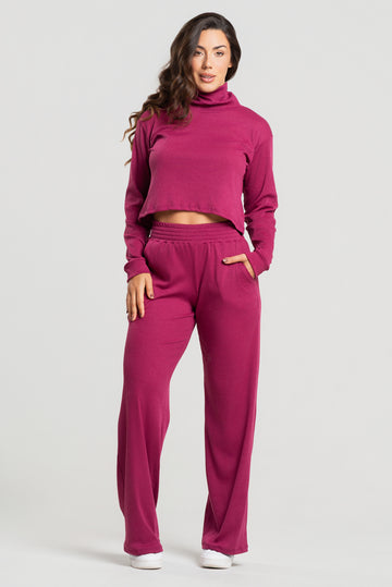 Conjunto Canelado Calça Pantalona + Blusa Golão Manga Longa Vinho - Vicbela