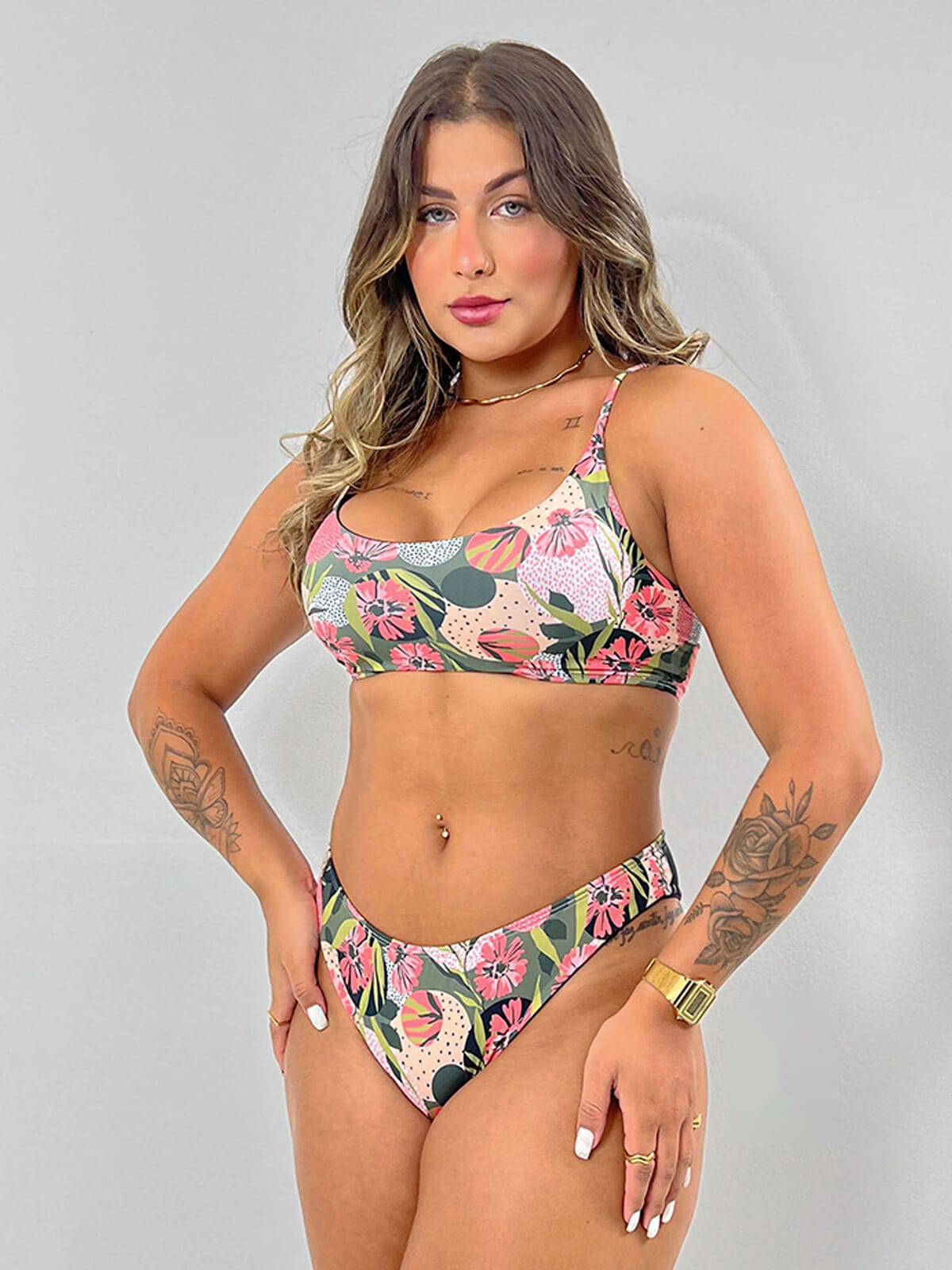 Biquíni Faixa Calcinha Comum Estampado Rosa - Vicbela