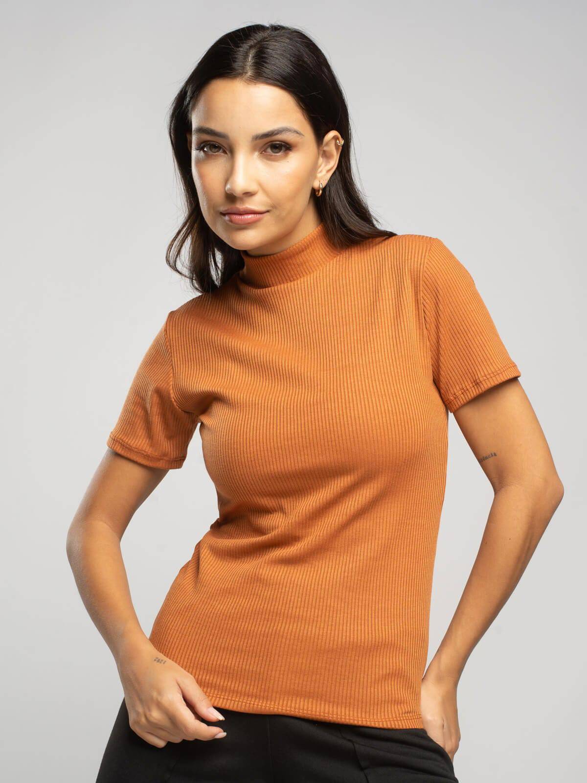 Blusa Manga Curta Gola Alta Canelada Terracota - Vicbela