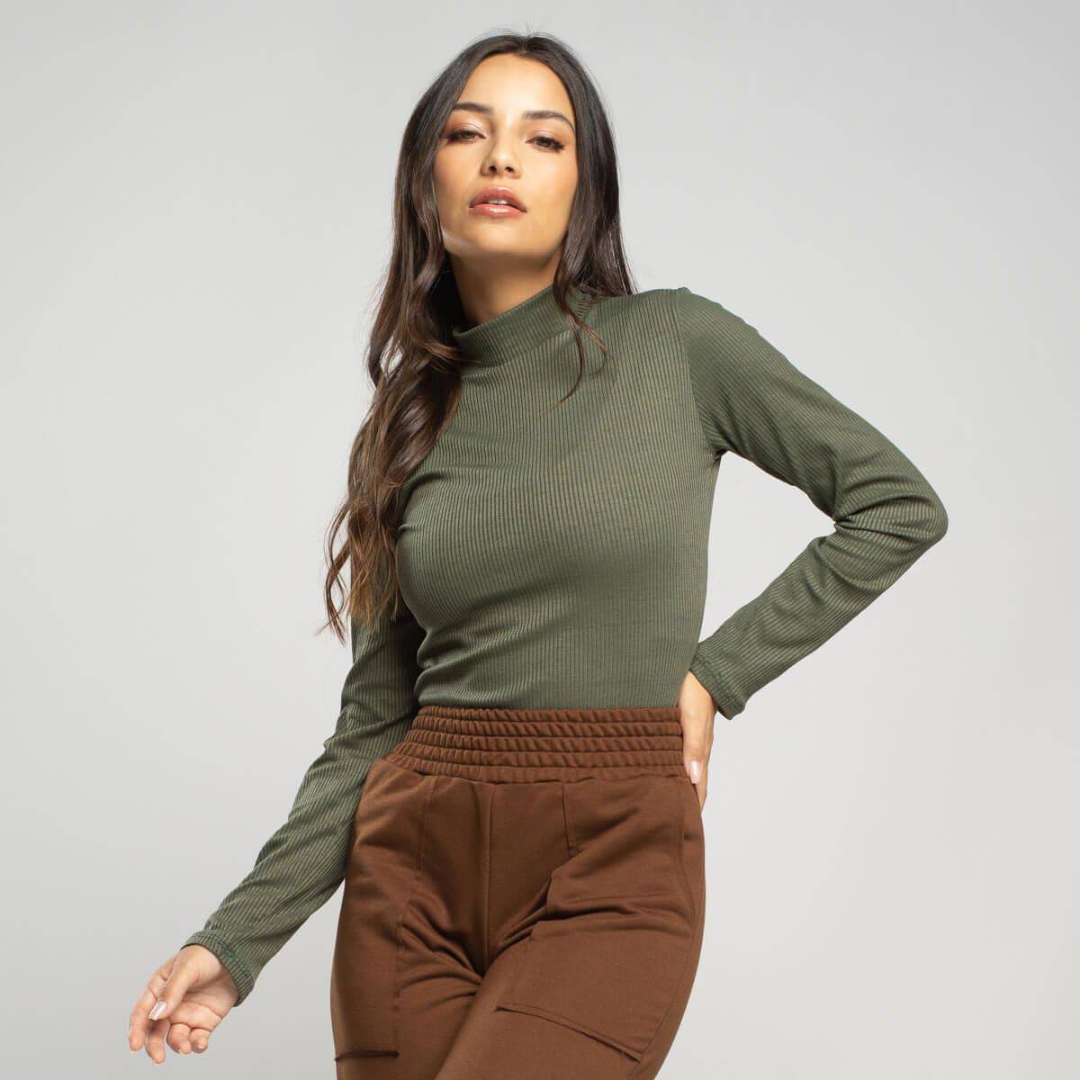 Blusa Manga Longa Gola Alta Canelada Verde - Vicbela