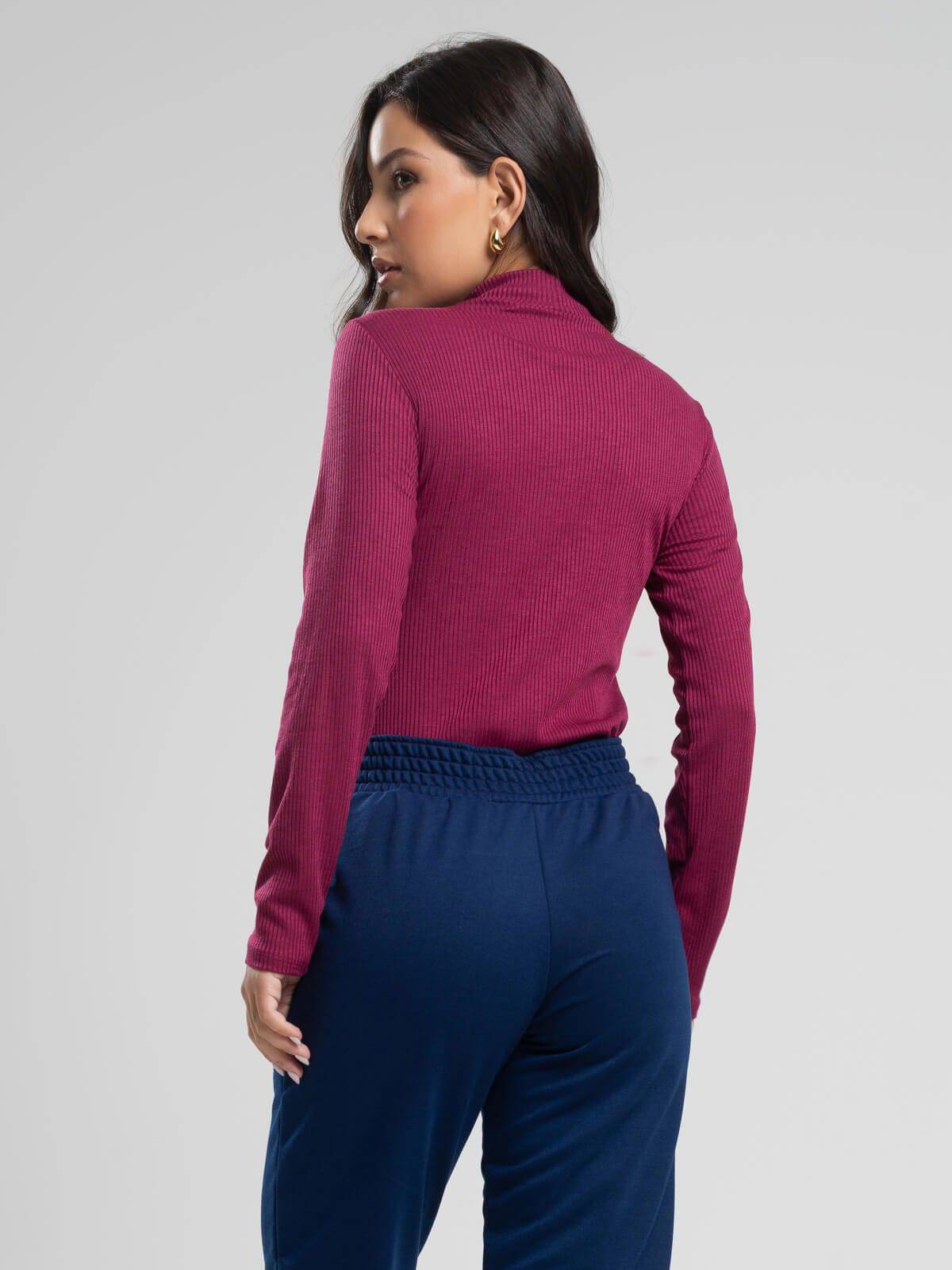 Blusa Manga Longa Gola Alta Canelada Vinho - Vicbela