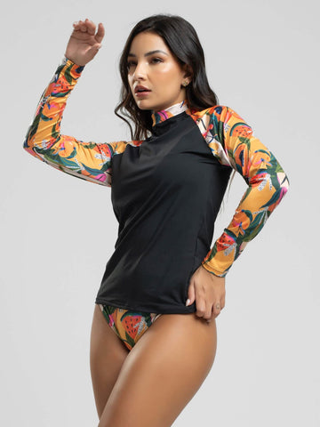 Blusa Proteção UV Feminina Estampada Preto Mamão - Vicbela