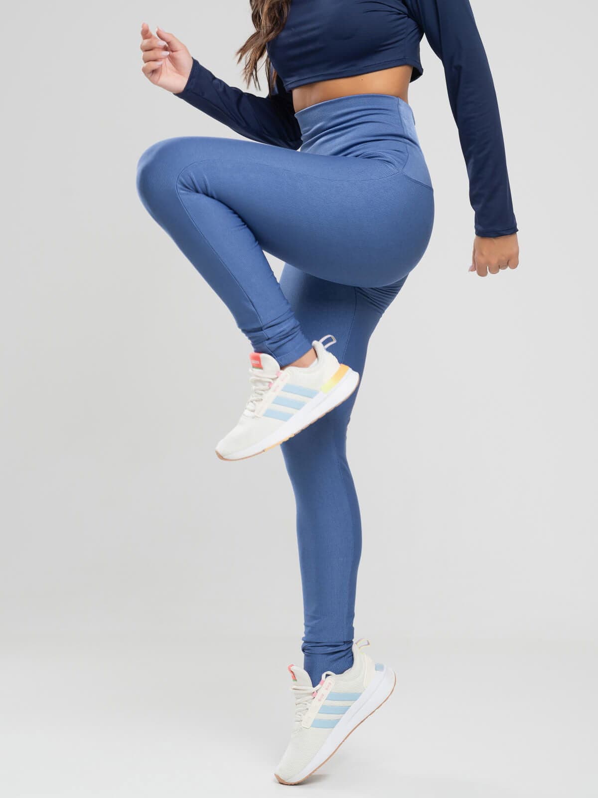 Calça Legging Cós Alto Canelado Azul - Vicbela