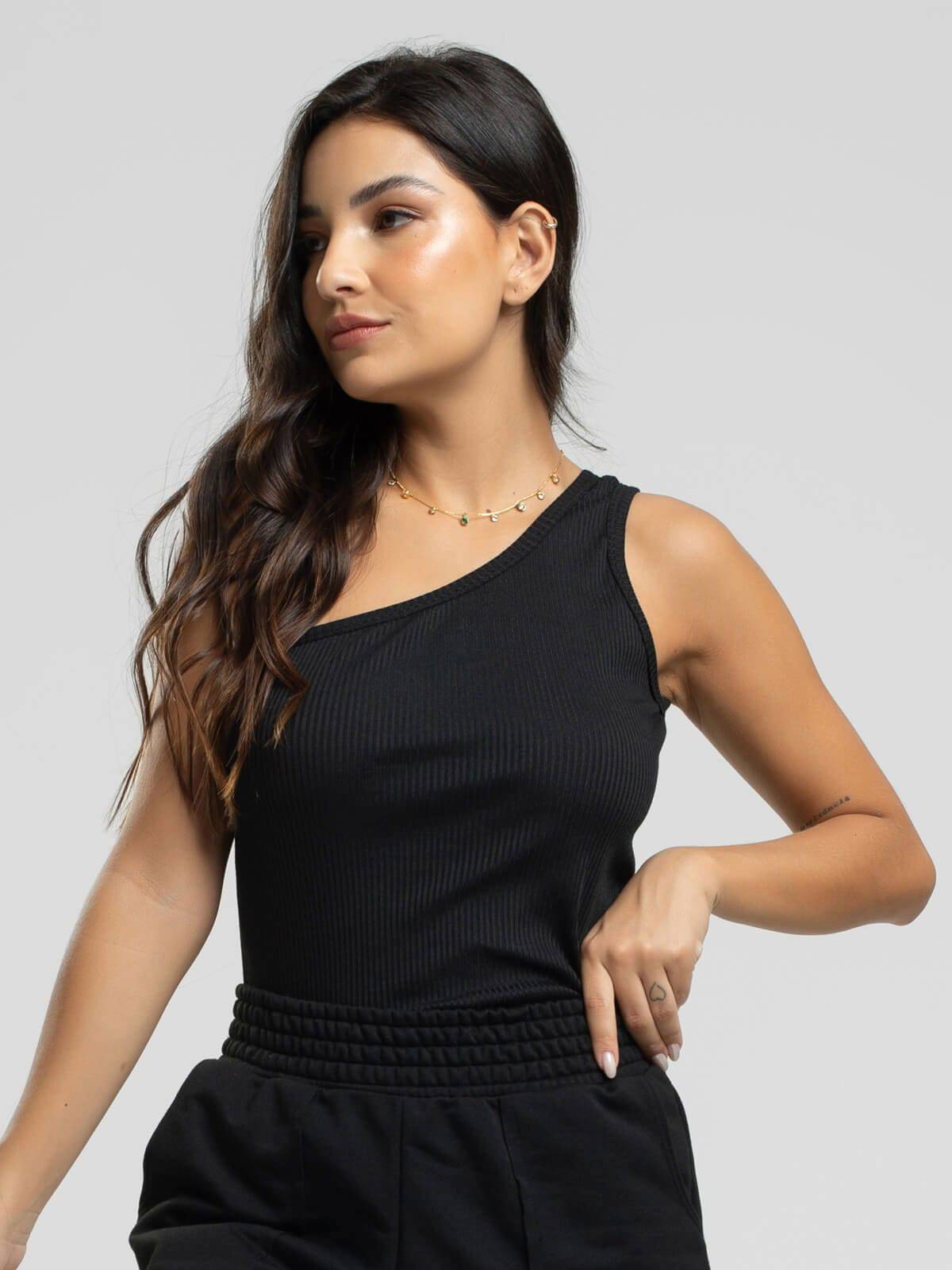Camiseta Regata Canelado Um Ombro Só Preto - Vicbela