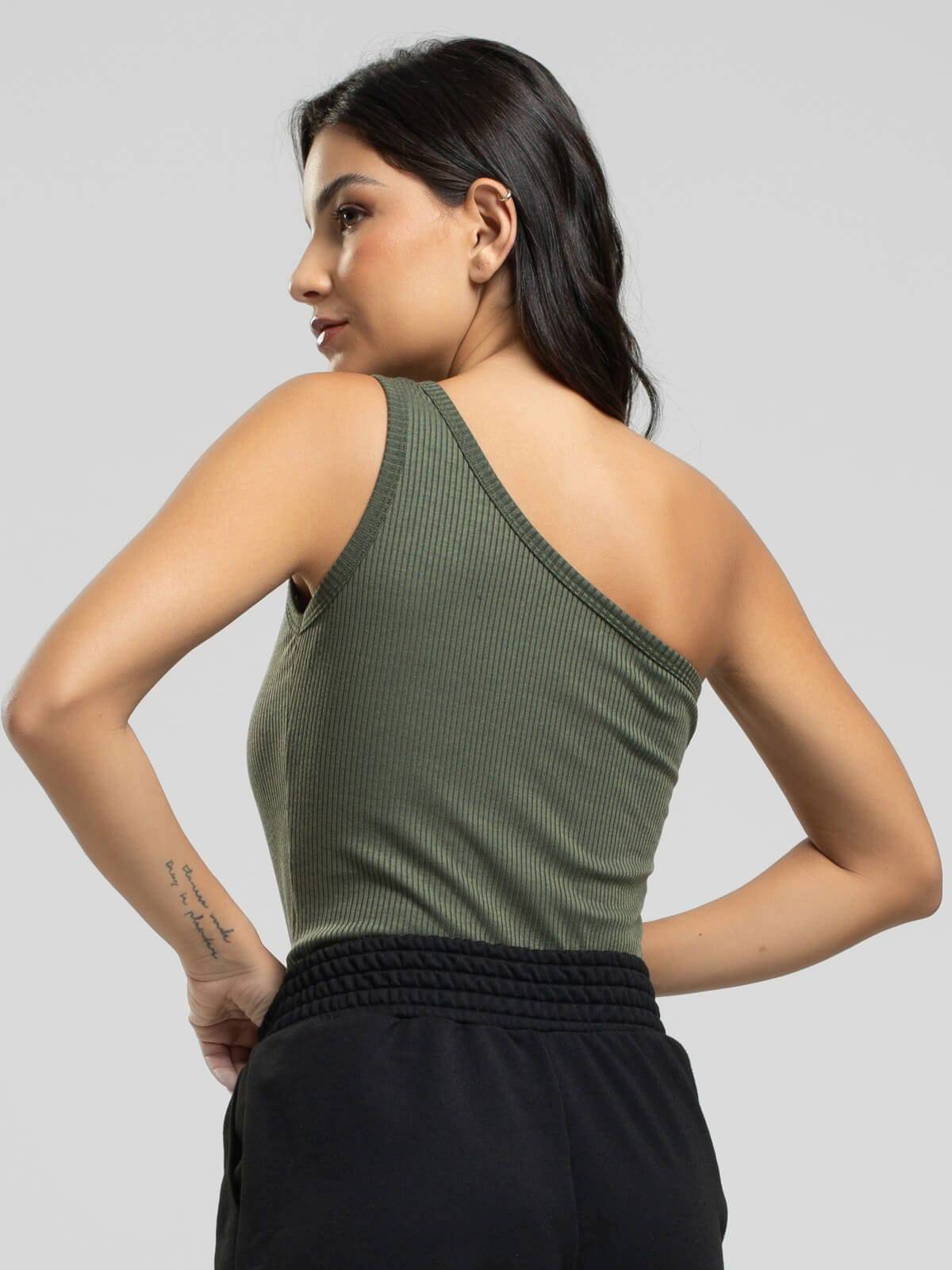 Camiseta Regata Canelado Um Ombro Só Verde - Vicbela