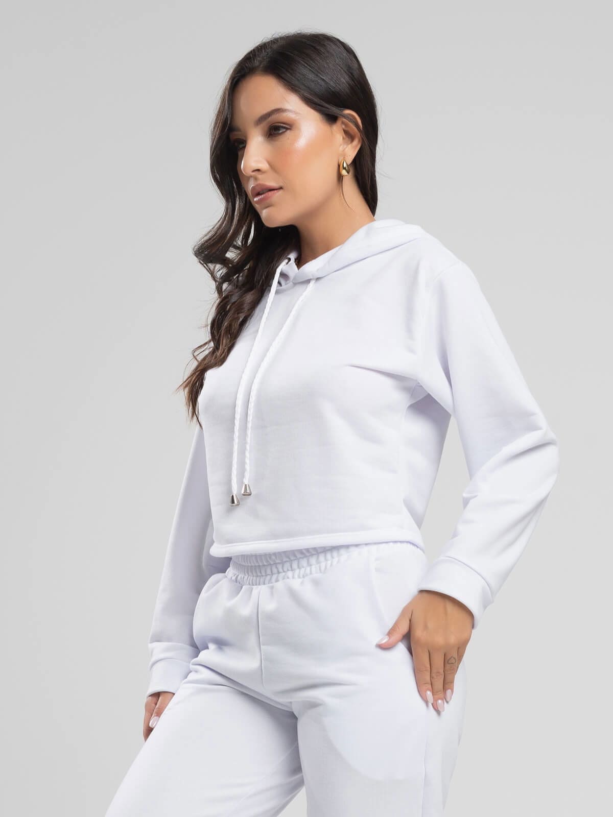 Casaco Cropped Capuz Moletinho Branco - Vicbela