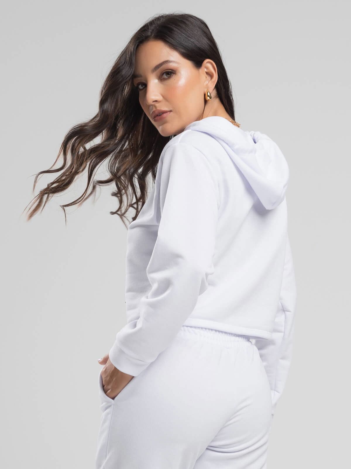 Casaco Cropped Capuz Moletinho Branco - Vicbela