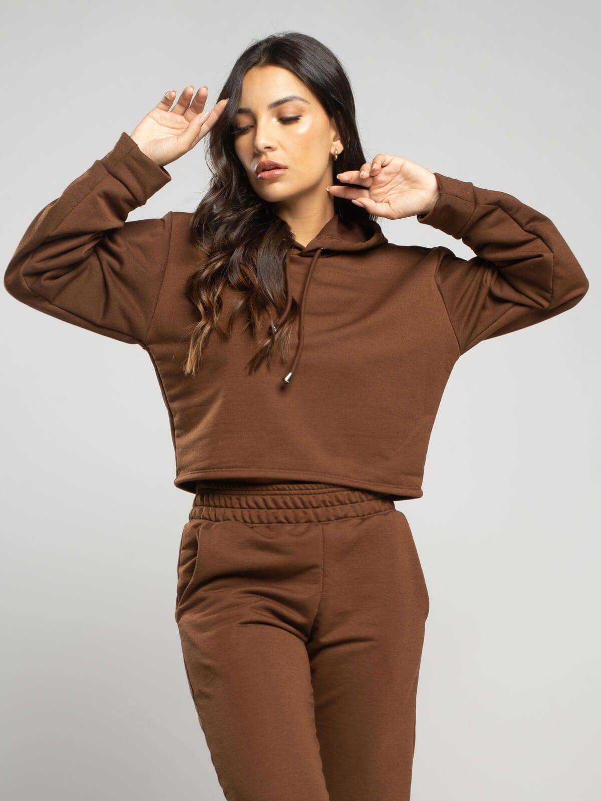 Casaco Cropped Capuz Moletinho Marrom - Vicbela