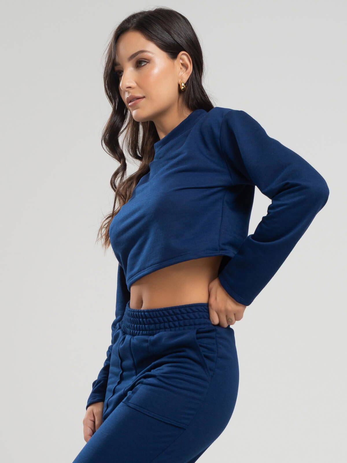 Casaco Cropped Manga Longa Moletinho Azul Marinho - Vicbela