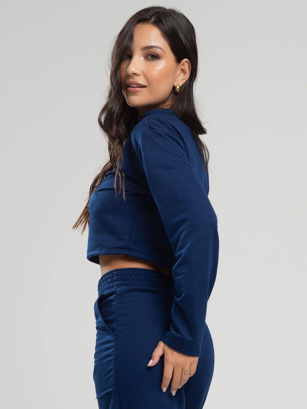 Casaco Cropped Manga Longa Moletinho Azul Marinho - Vicbela