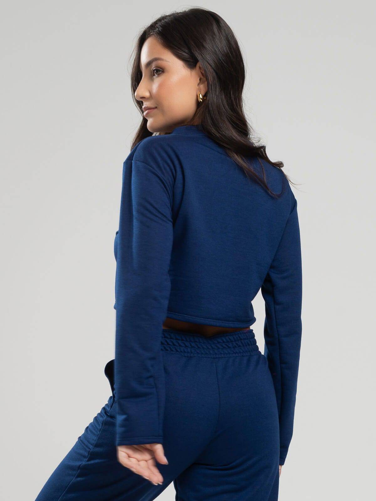 Casaco Cropped Manga Longa Moletinho Azul Marinho - Vicbela