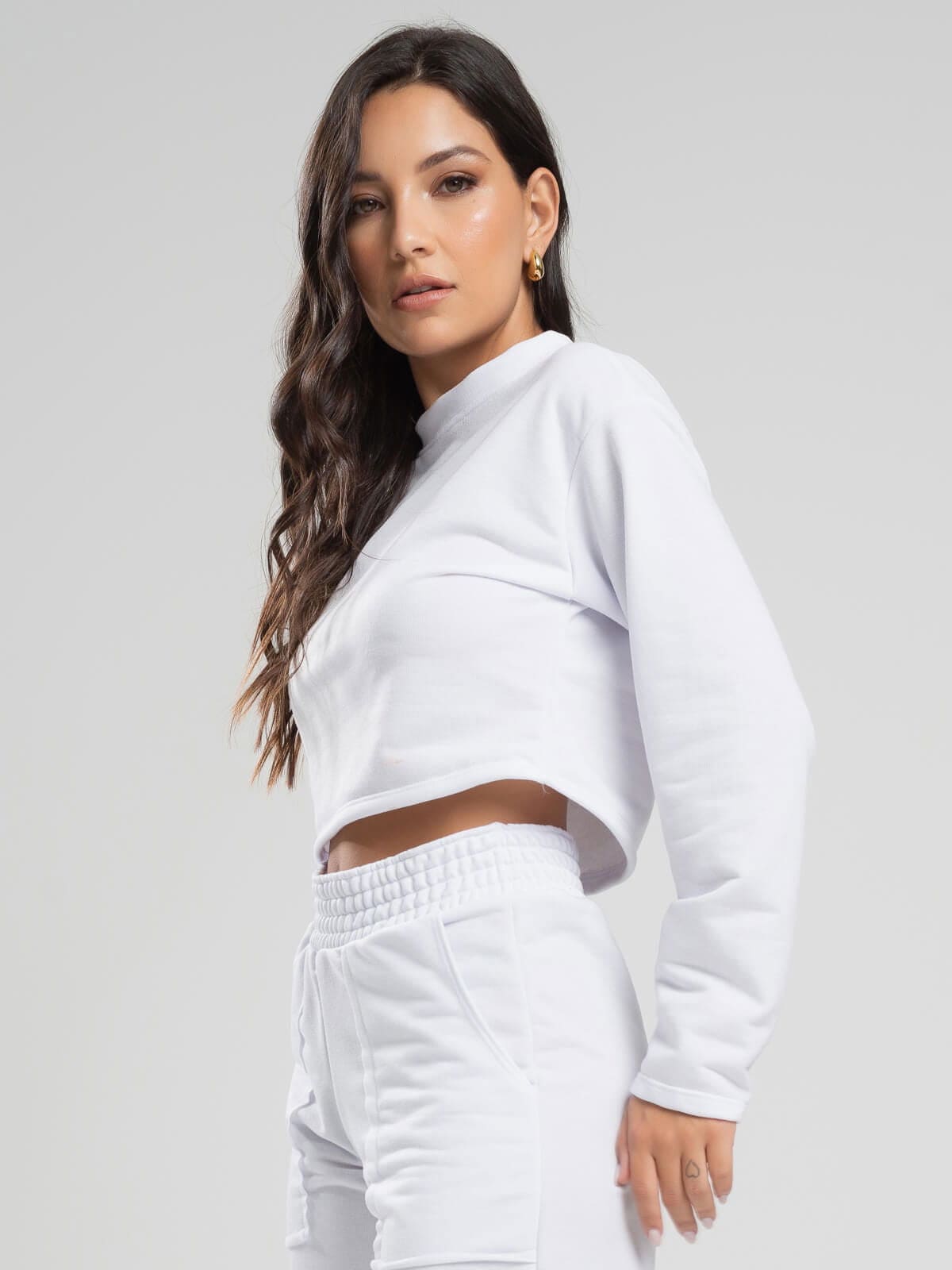 Casaco Cropped Manga Longa Moletinho Branco - Vicbela