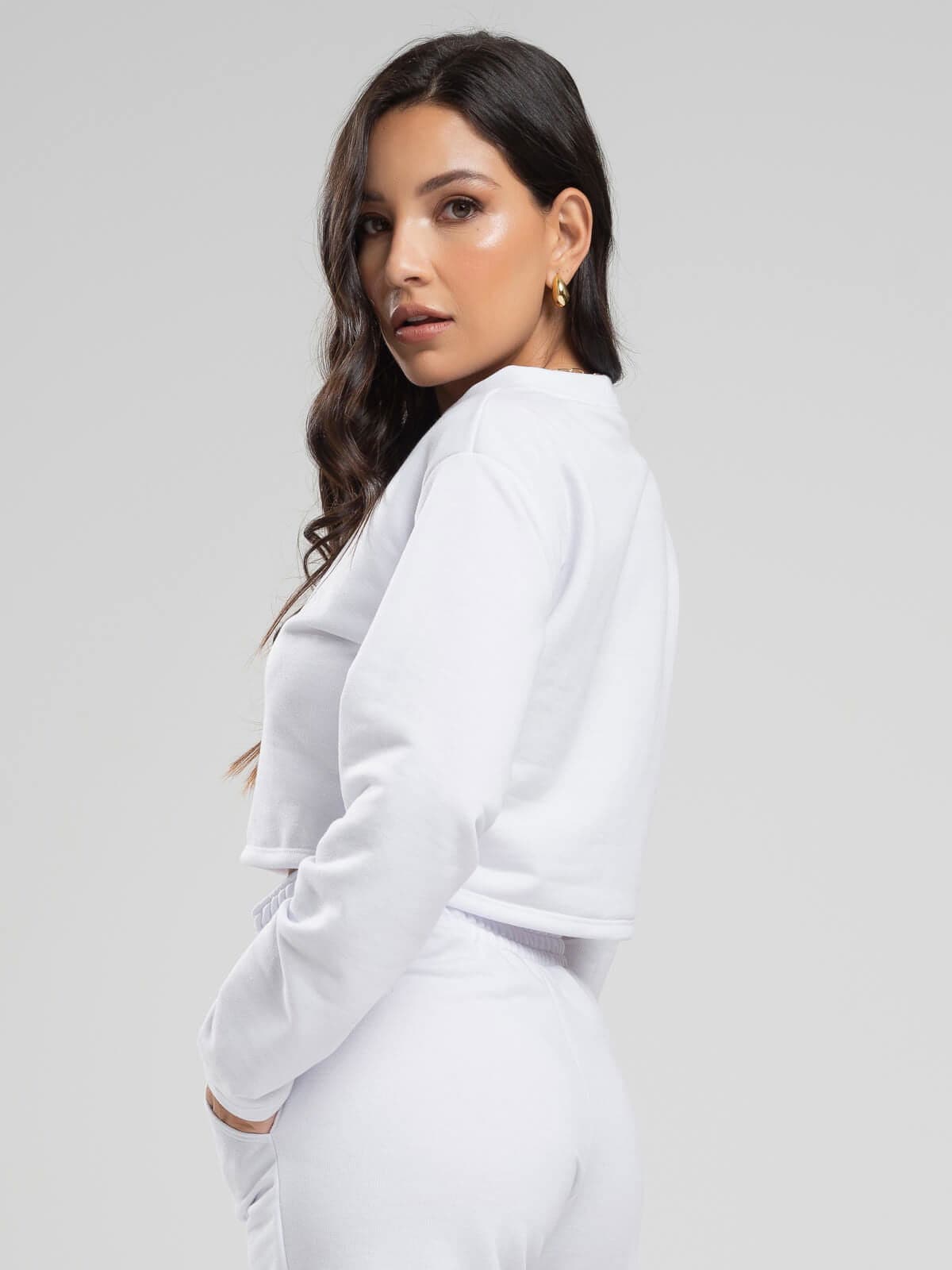 Casaco Cropped Manga Longa Moletinho Branco - Vicbela