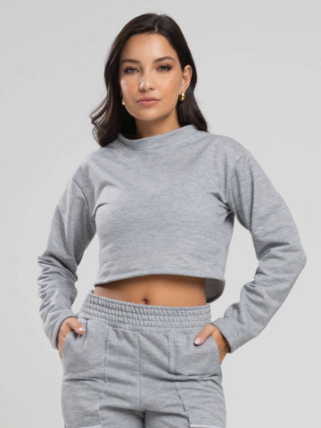 Casaco Cropped Manga Longa Moletinho Cinza - Vicbela