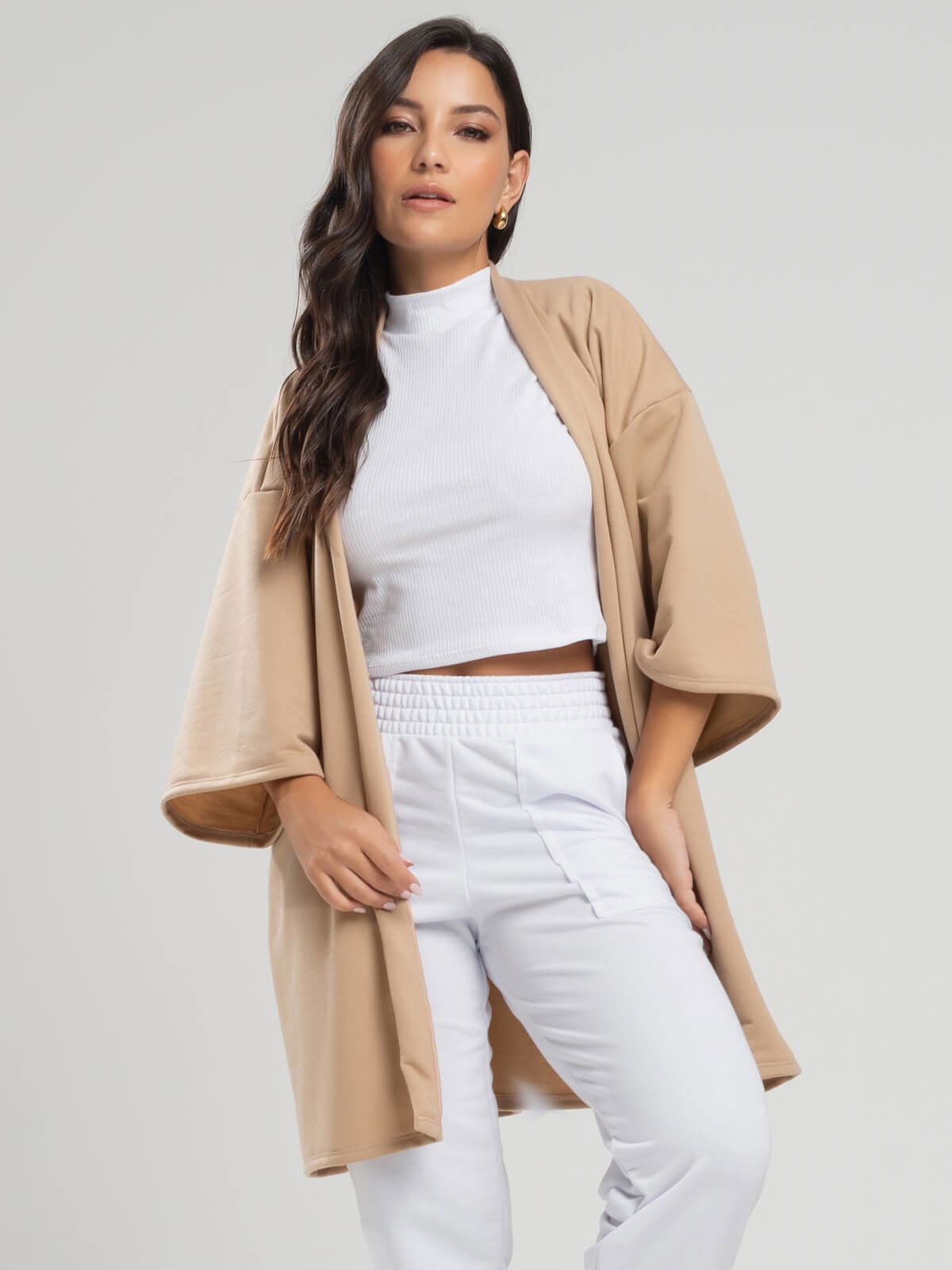 Casaco Kimono Over Moletinho Manga Longa Bege - Vicbela