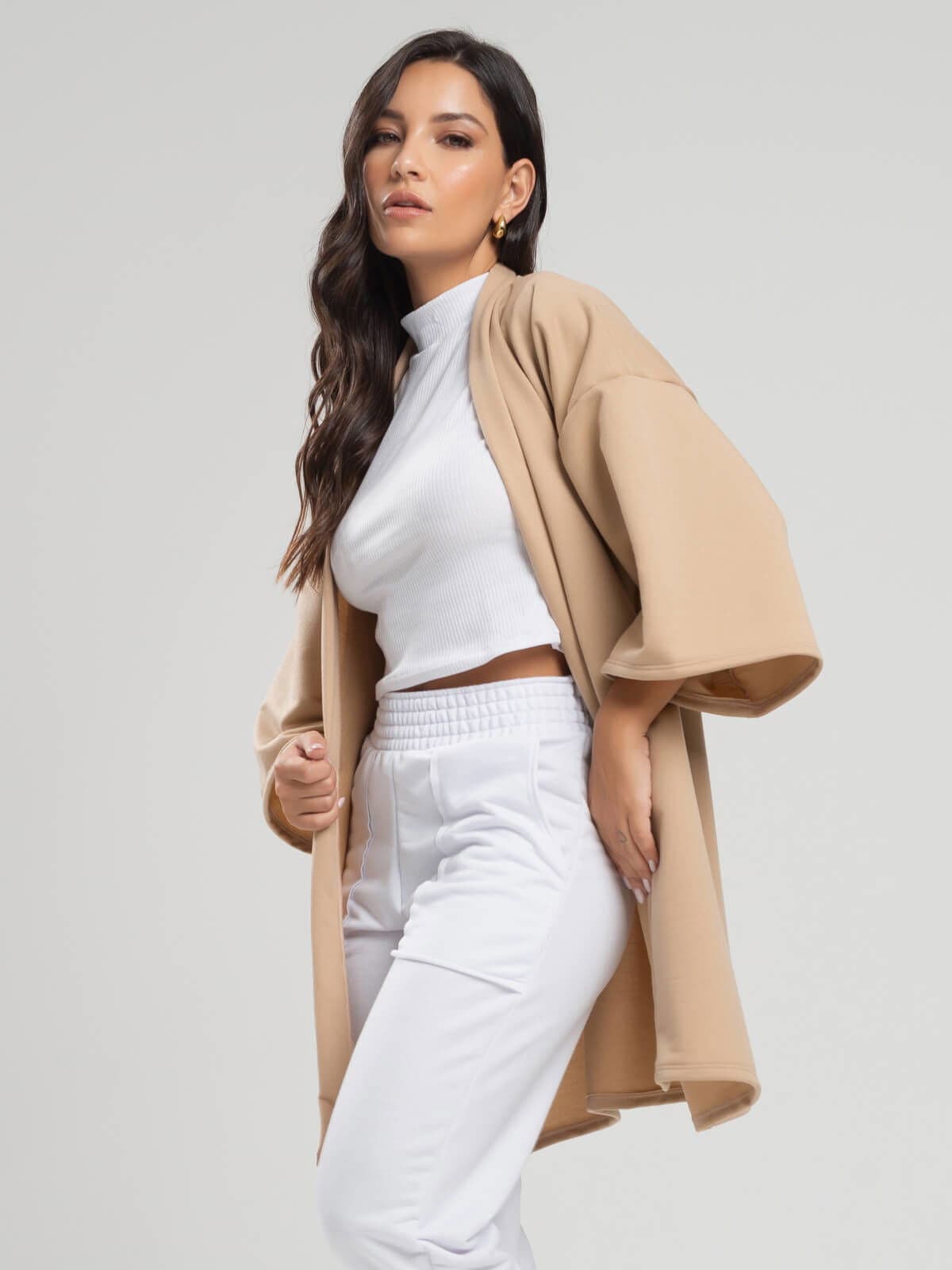 Casaco Kimono Over Moletinho Manga Longa Bege - Vicbela