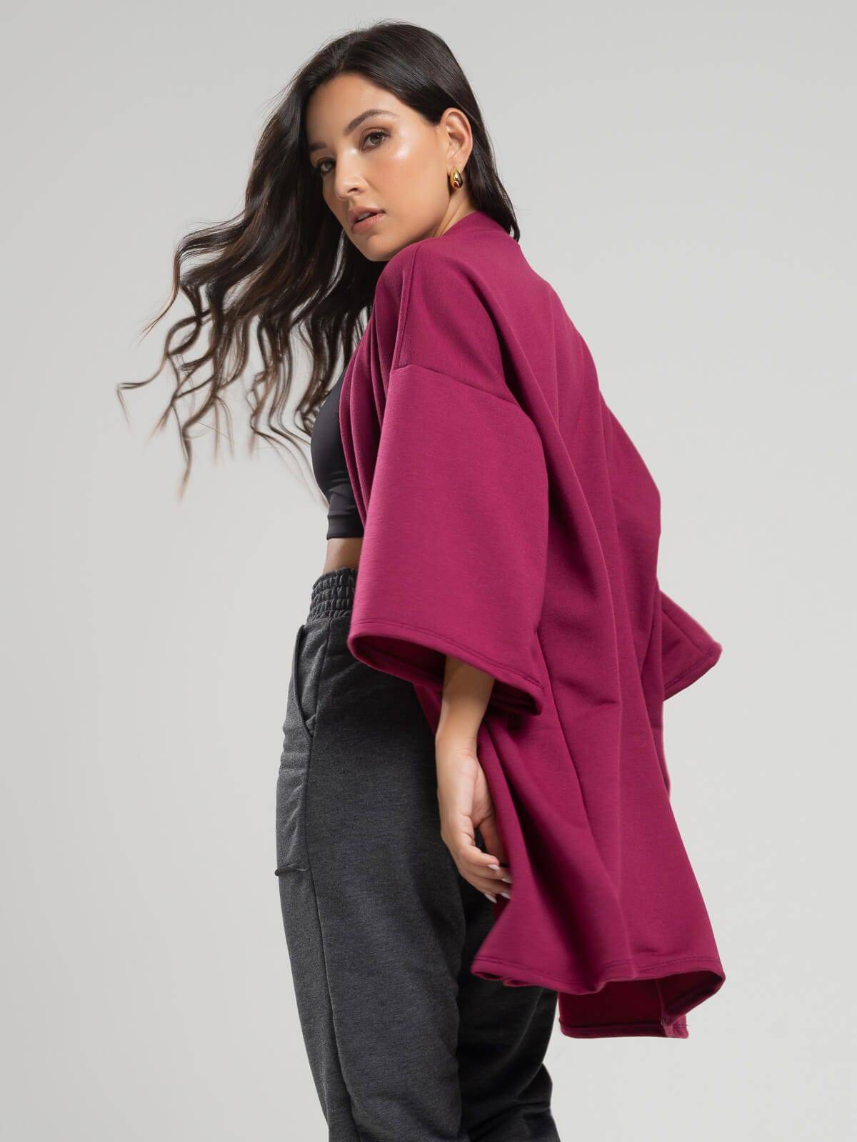 Casaco Kimono Over Moletinho Manga Longa Vinho - Vicbela