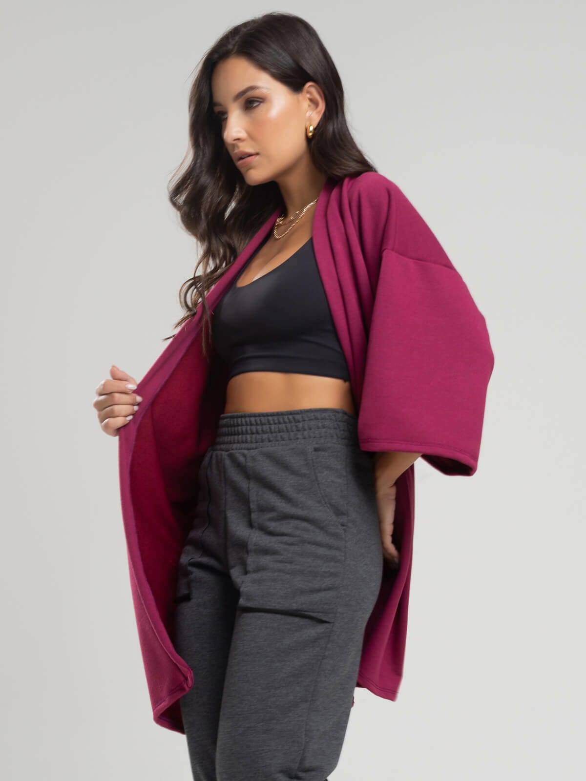 Casaco Kimono Over Moletinho Manga Longa Vinho - Vicbela