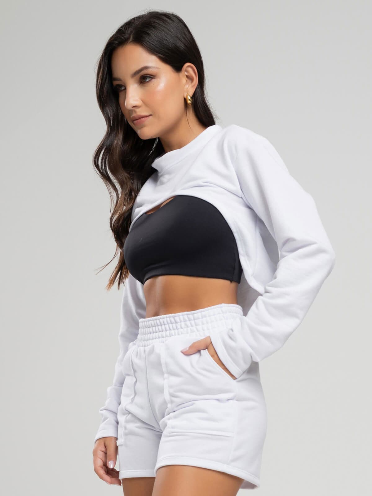 Casaco Super Cropped Manga Longa Branco - Vicbela