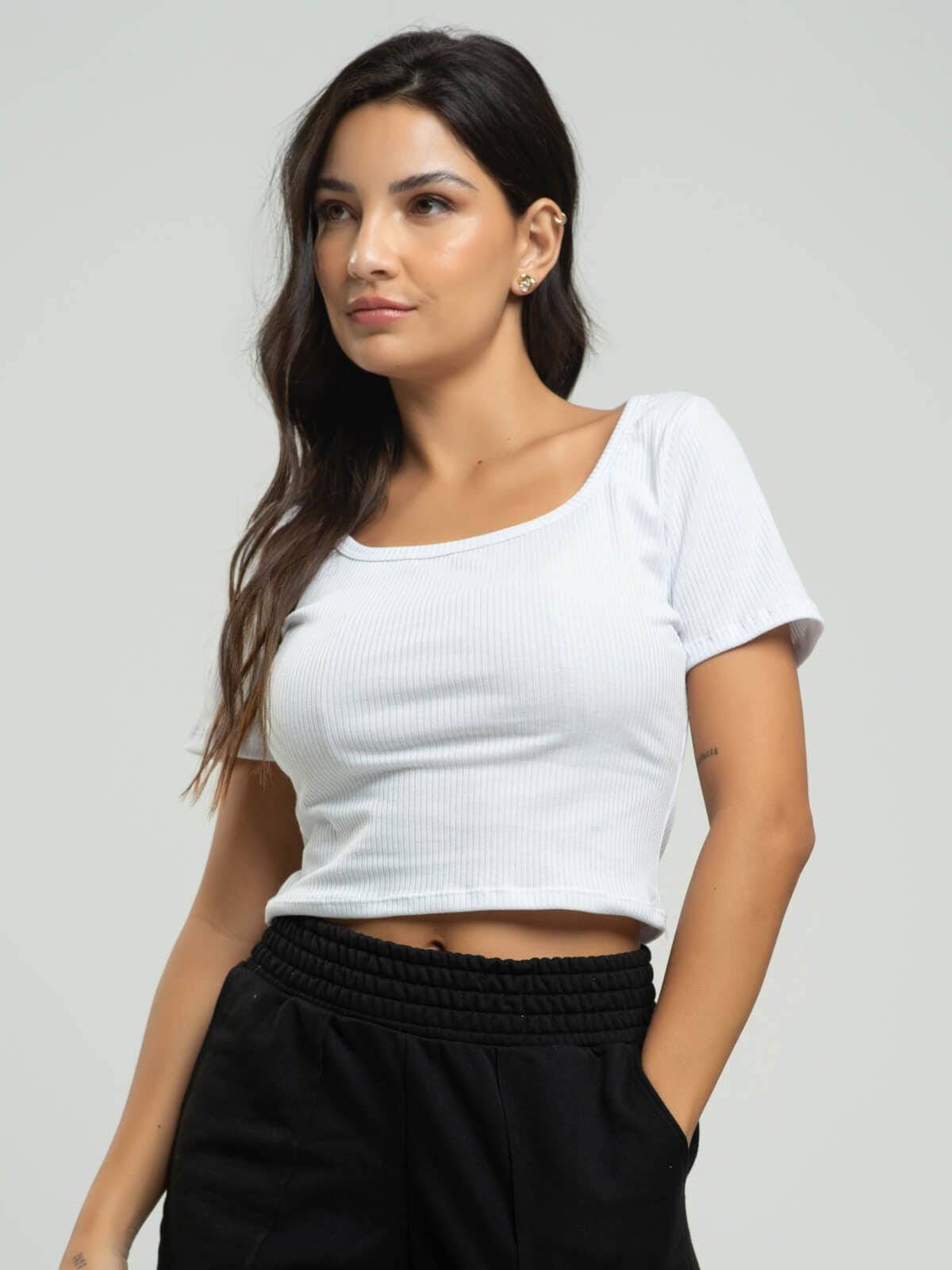 Cropped Canelado Decote Quadrado Manga Curta Branco - Vicbela