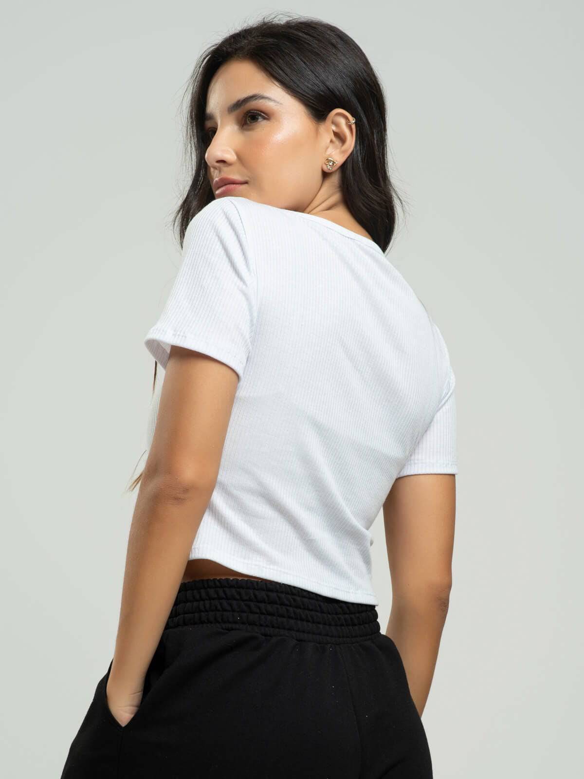Cropped Canelado Decote Quadrado Manga Curta Branco - Vicbela