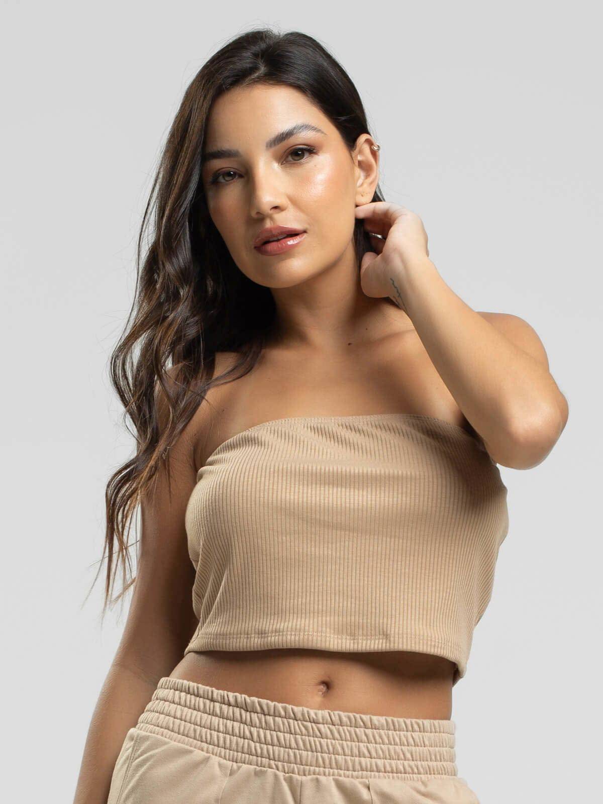 Cropped Canelado Tomara Que Caia Bege - Vicbela
