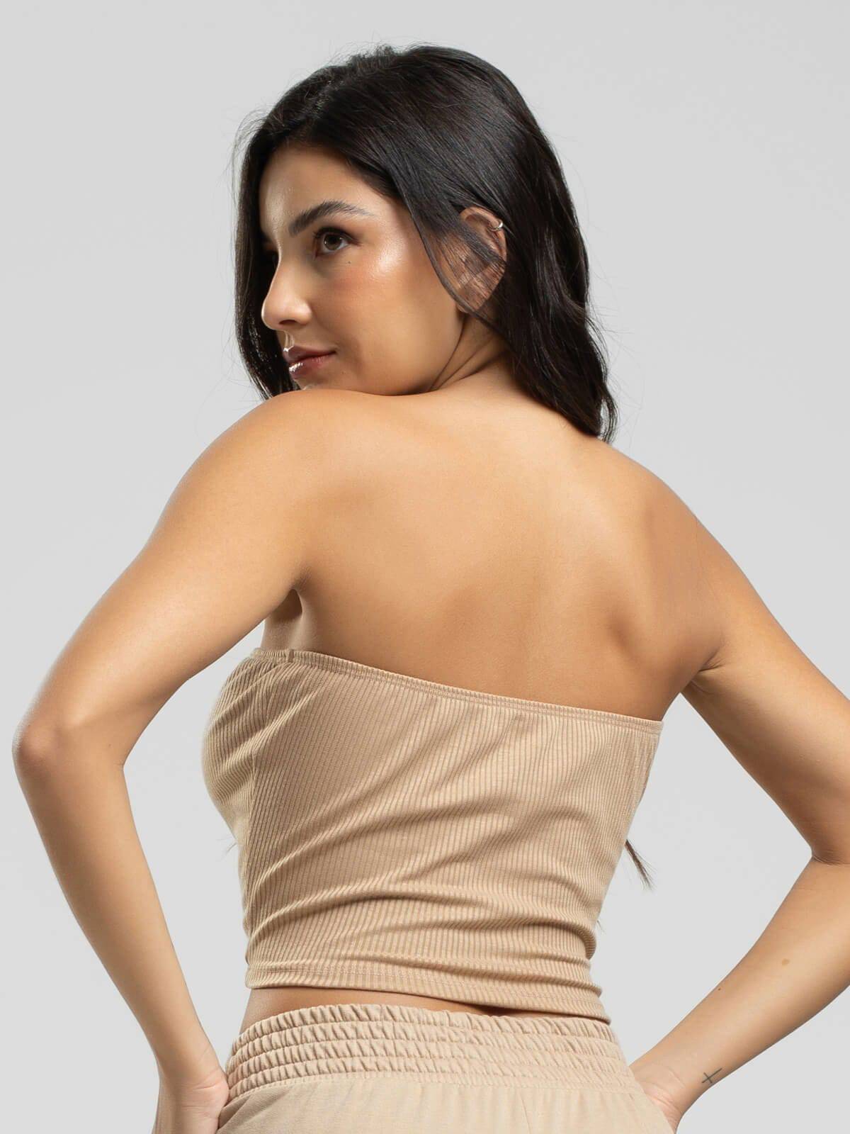 Cropped Canelado Tomara Que Caia Bege - Vicbela