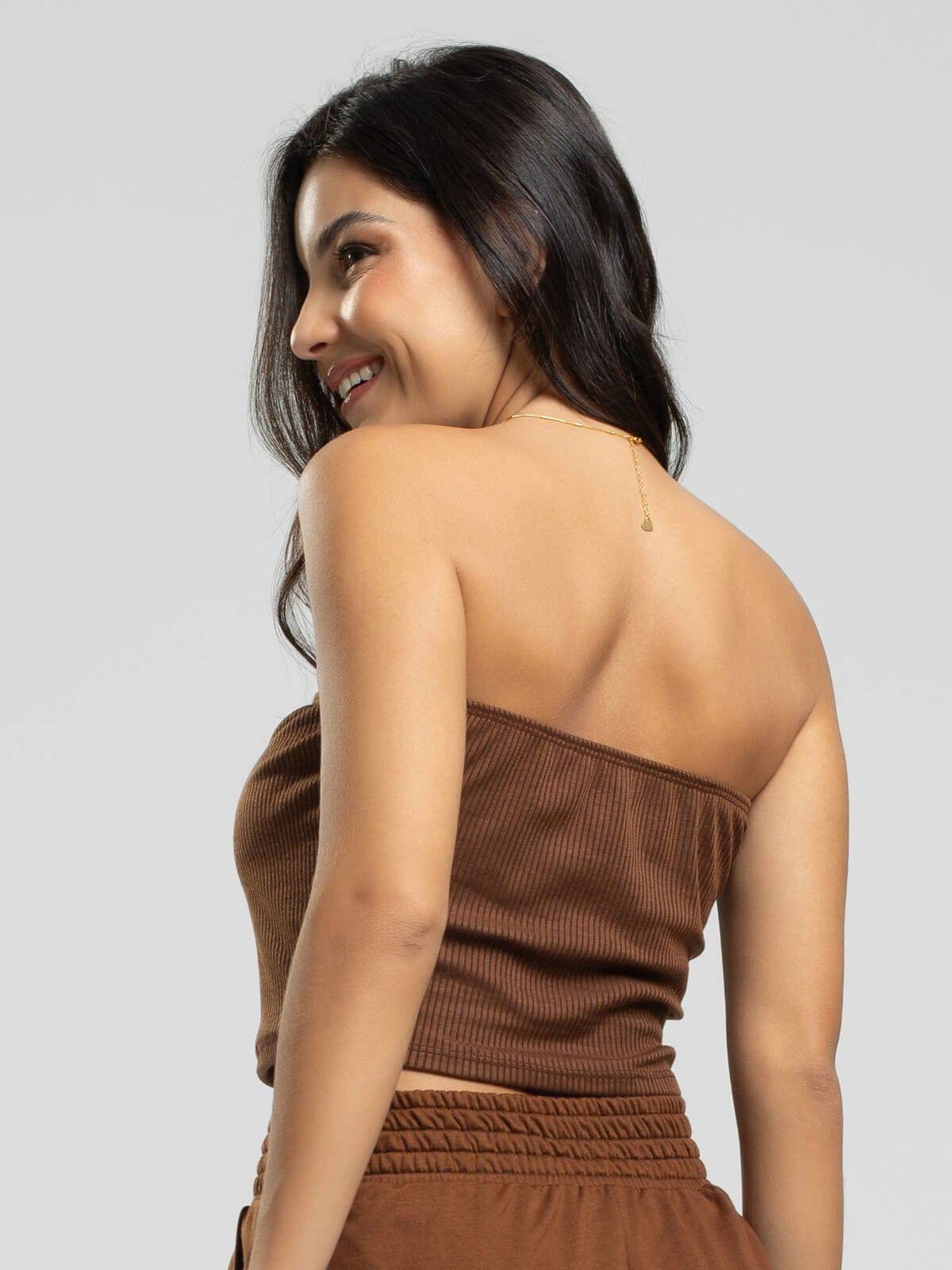 Cropped Canelado Tomara Que Caia Marrom - Vicbela