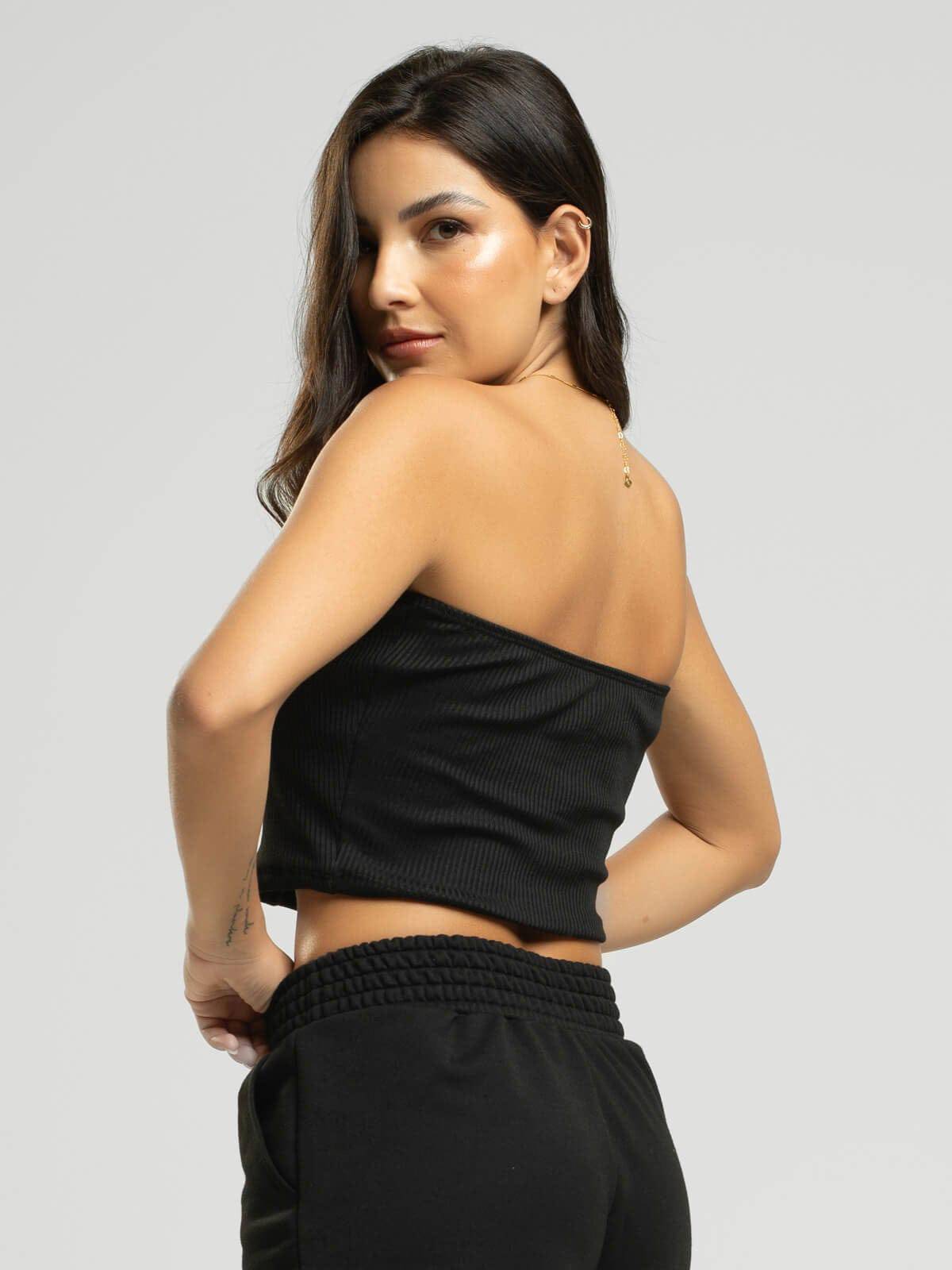 Cropped Canelado Tomara Que Caia Preto - Vicbela