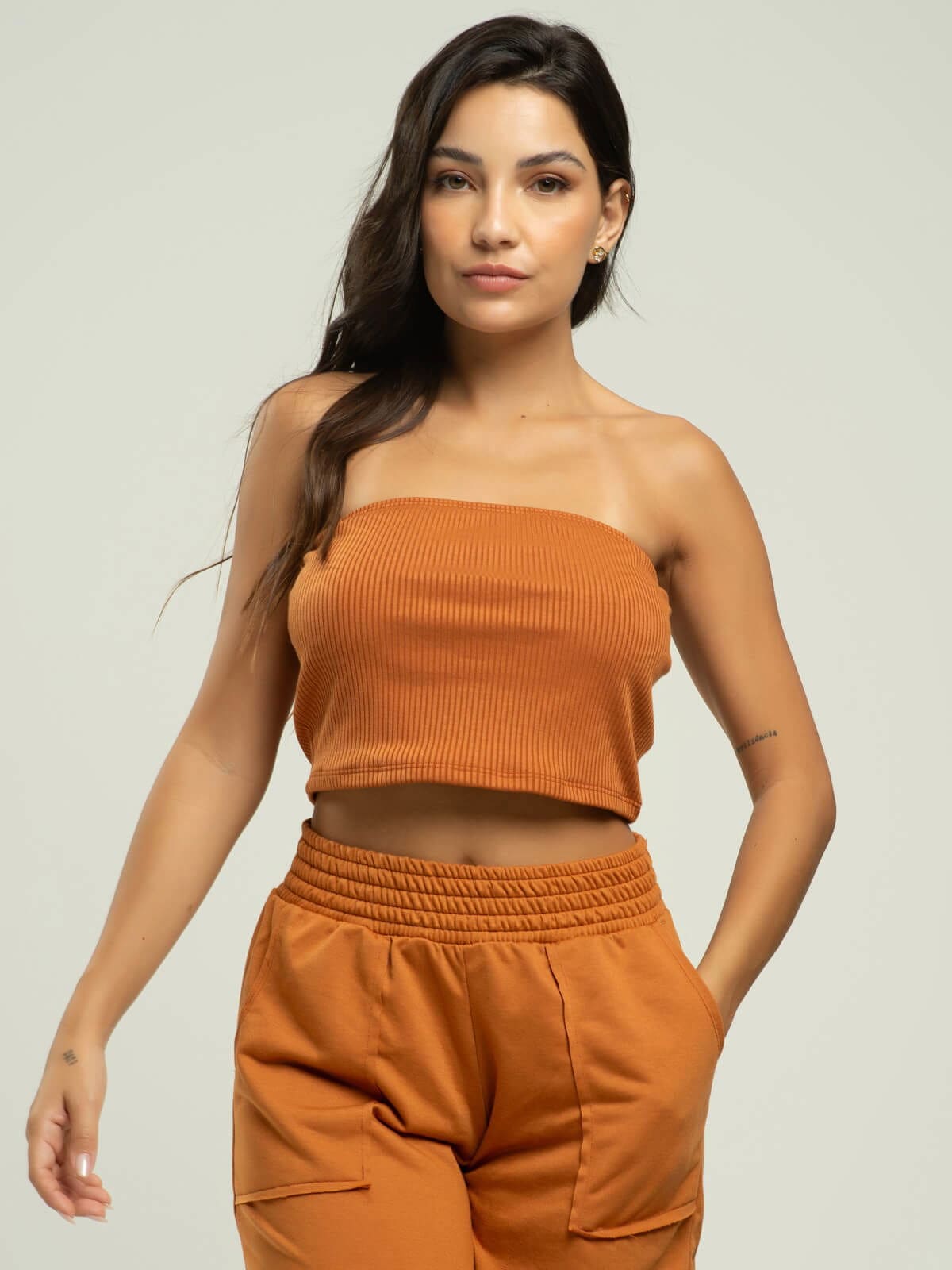 Cropped Canelado Tomara Que Caia Terracota - Vicbela