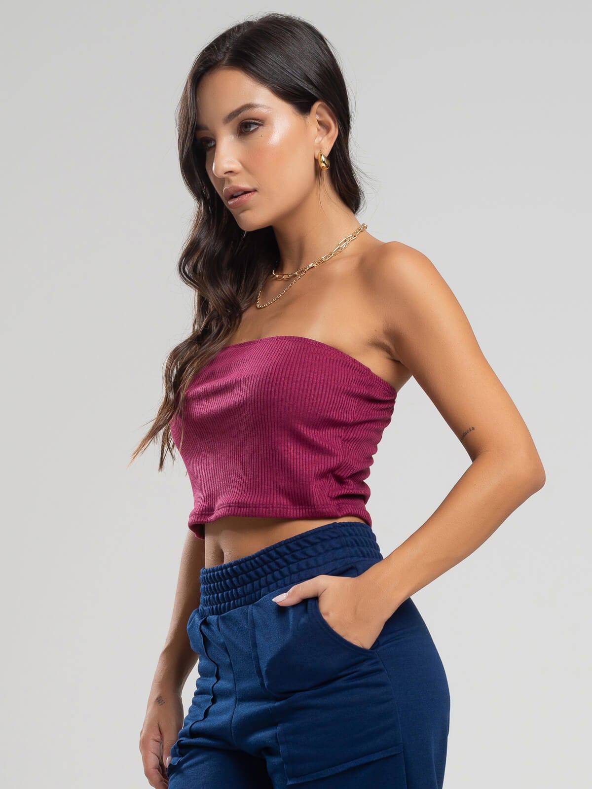 Cropped Canelado Tomara Que Caia Vinho - Vicbela
