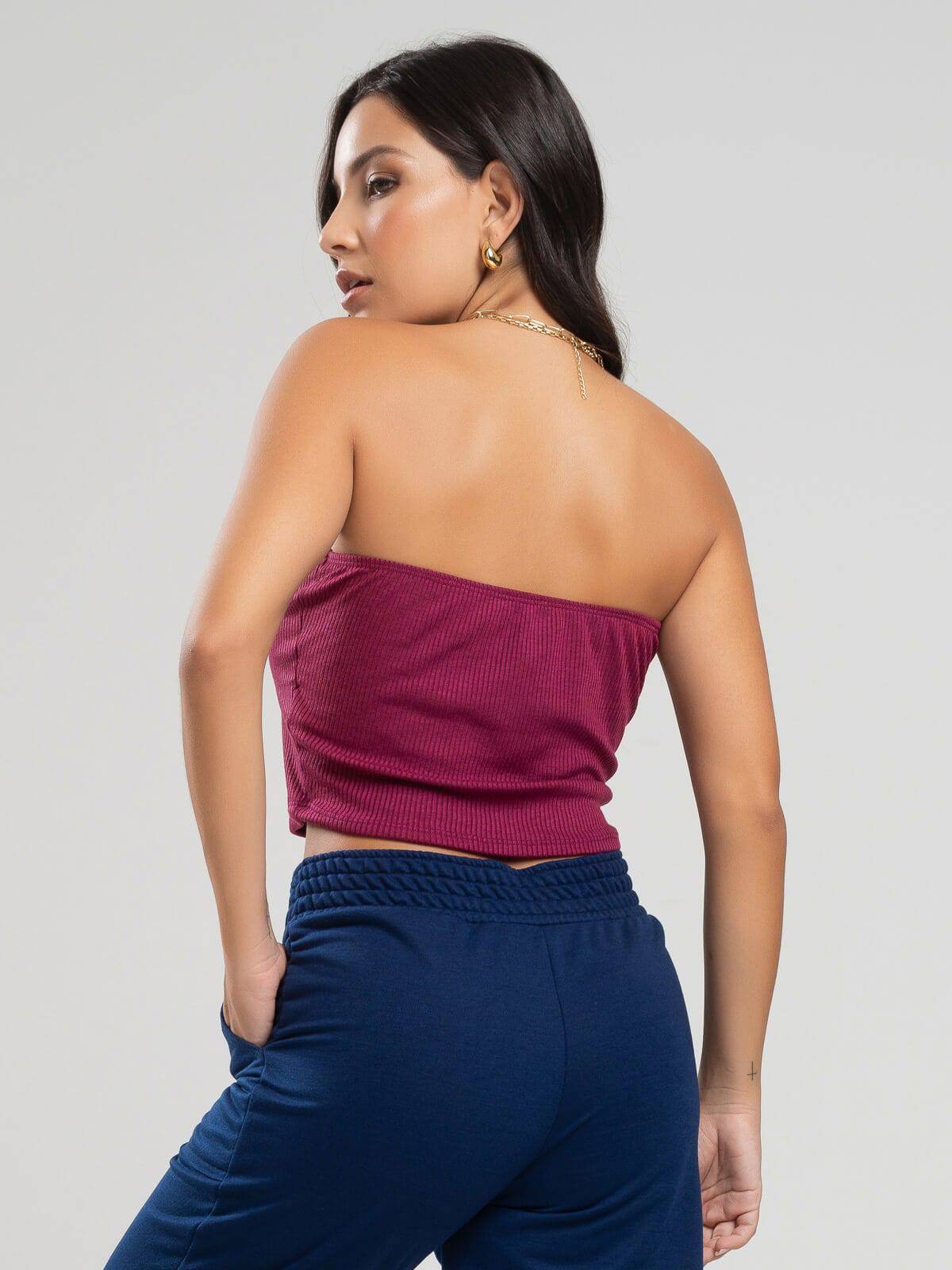Cropped Canelado Tomara Que Caia Vinho - Vicbela