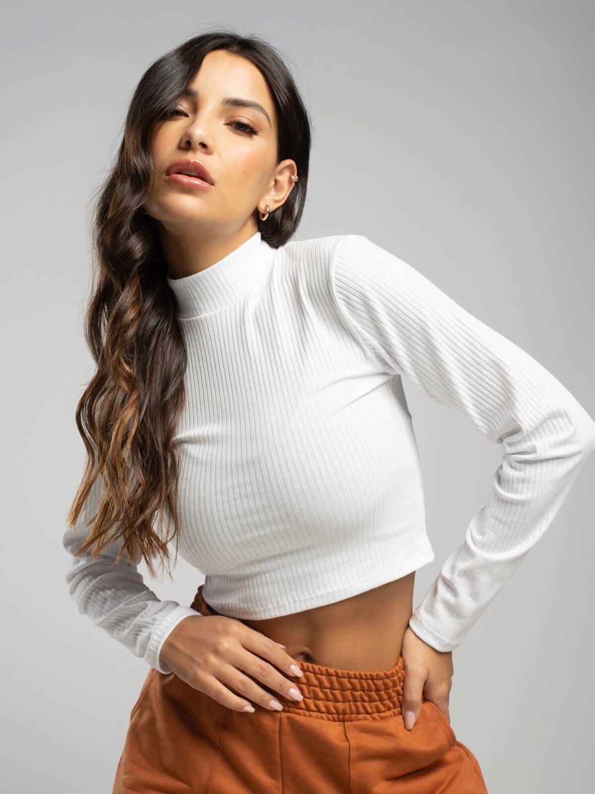 Cropped Gola Alta Manga Comprida Branco - Vicbela