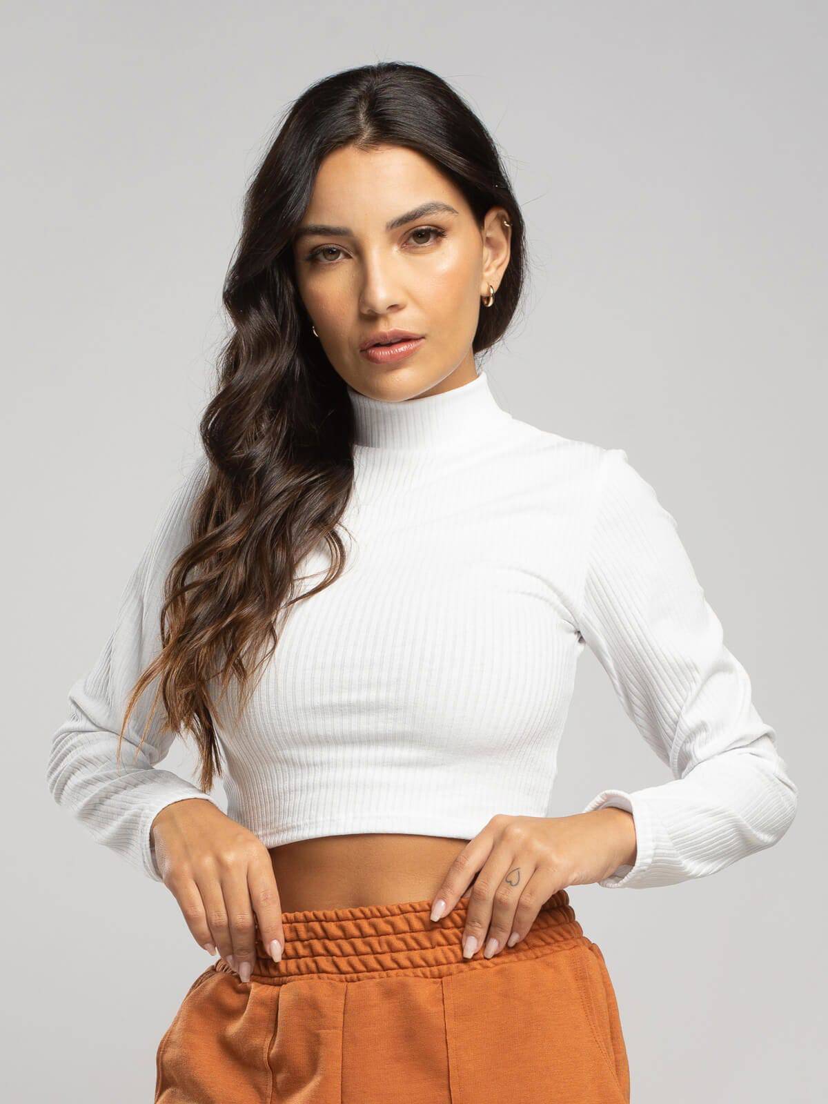 Cropped Gola Alta Manga Comprida Branco - Vicbela