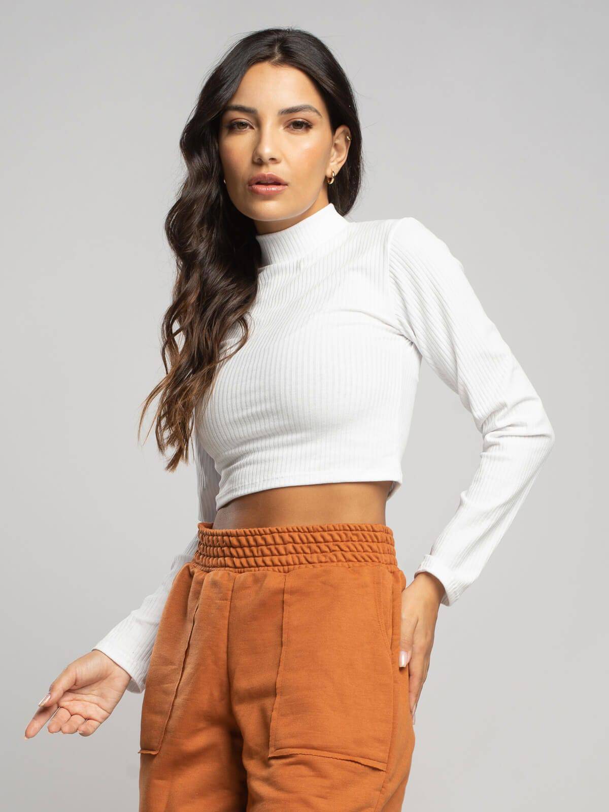 Cropped Gola Alta Manga Comprida Branco - Vicbela
