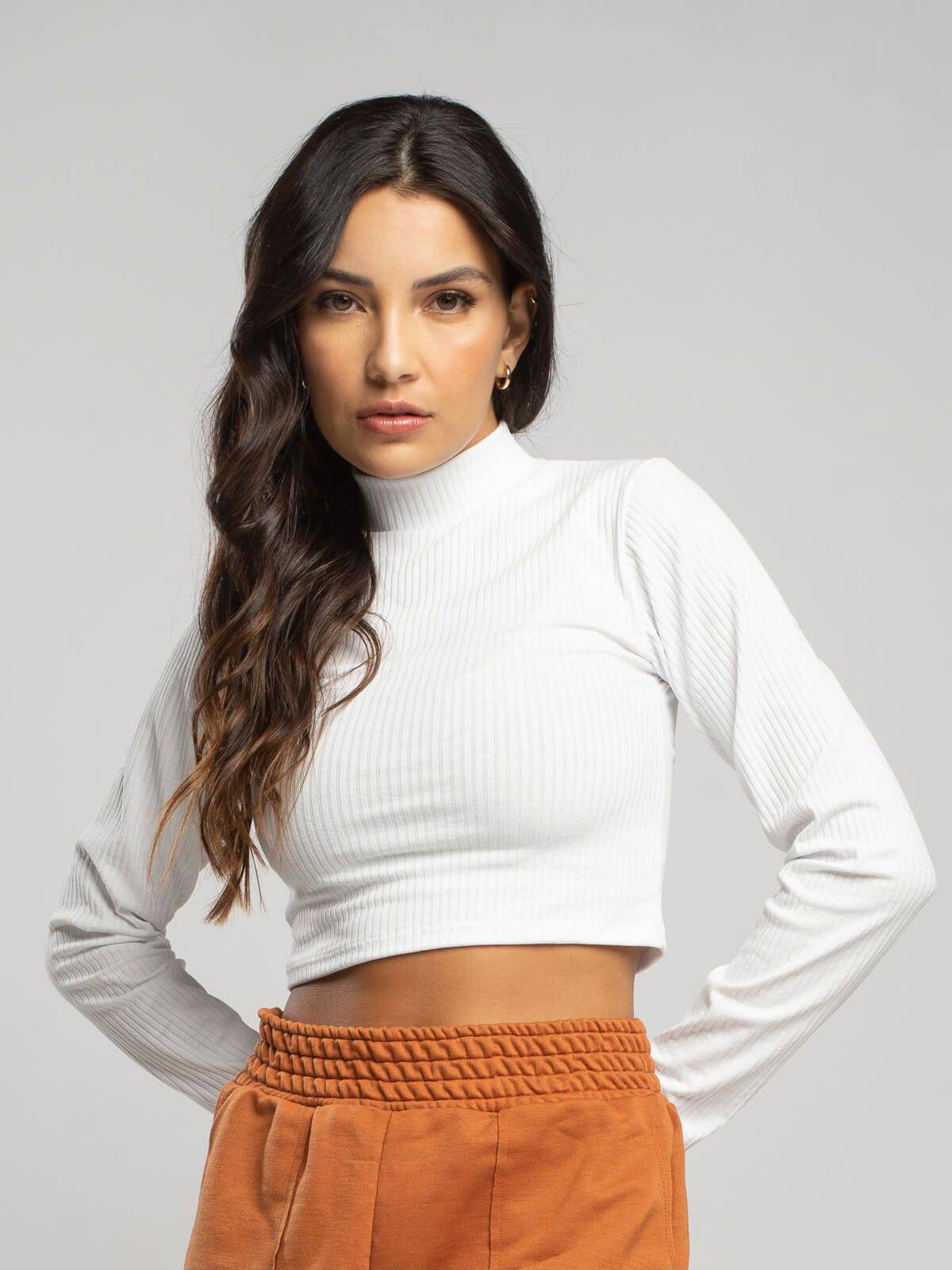 Cropped Gola Alta Manga Comprida Branco - Vicbela