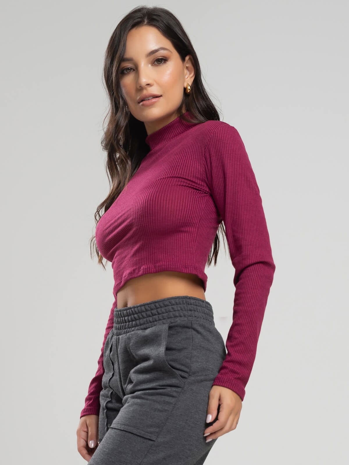 Cropped Gola Alta Manga Comprida Vinho - Vicbela