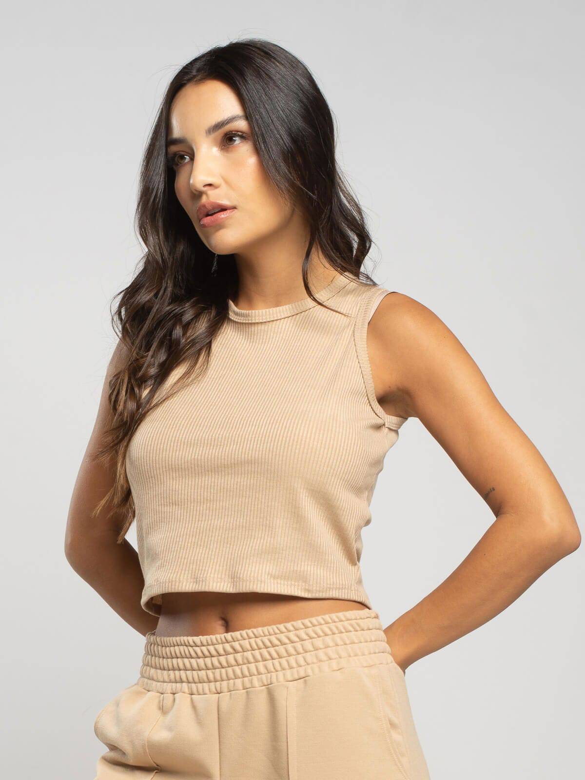 Cropped Regata Canelado Bege - Vicbela