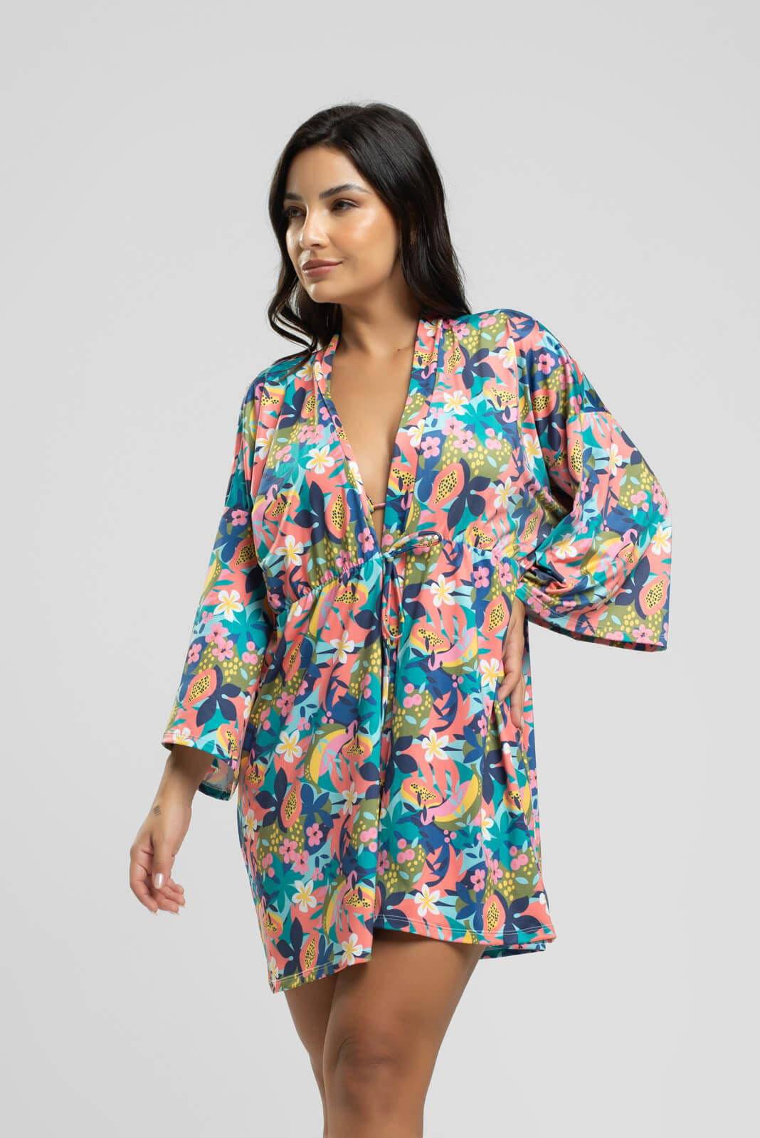 Saída de Praia Kimono UV Estampado Flor - Vicbela