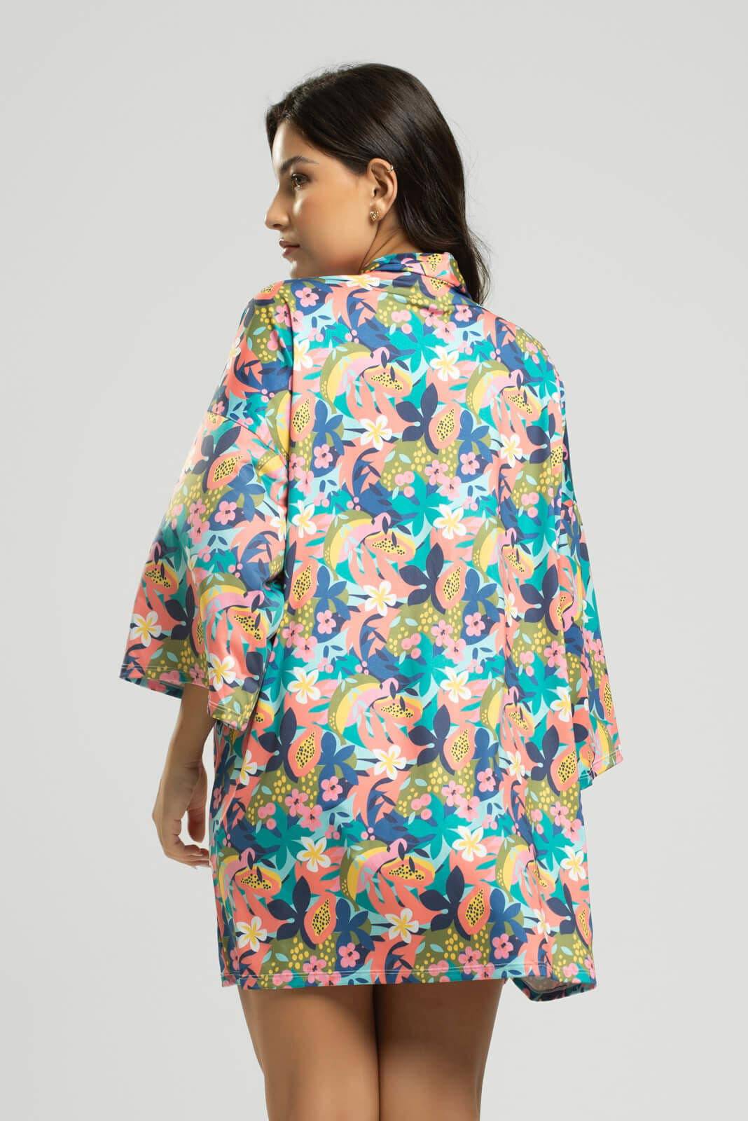Saída de Praia Kimono UV Estampado Flor - Vicbela