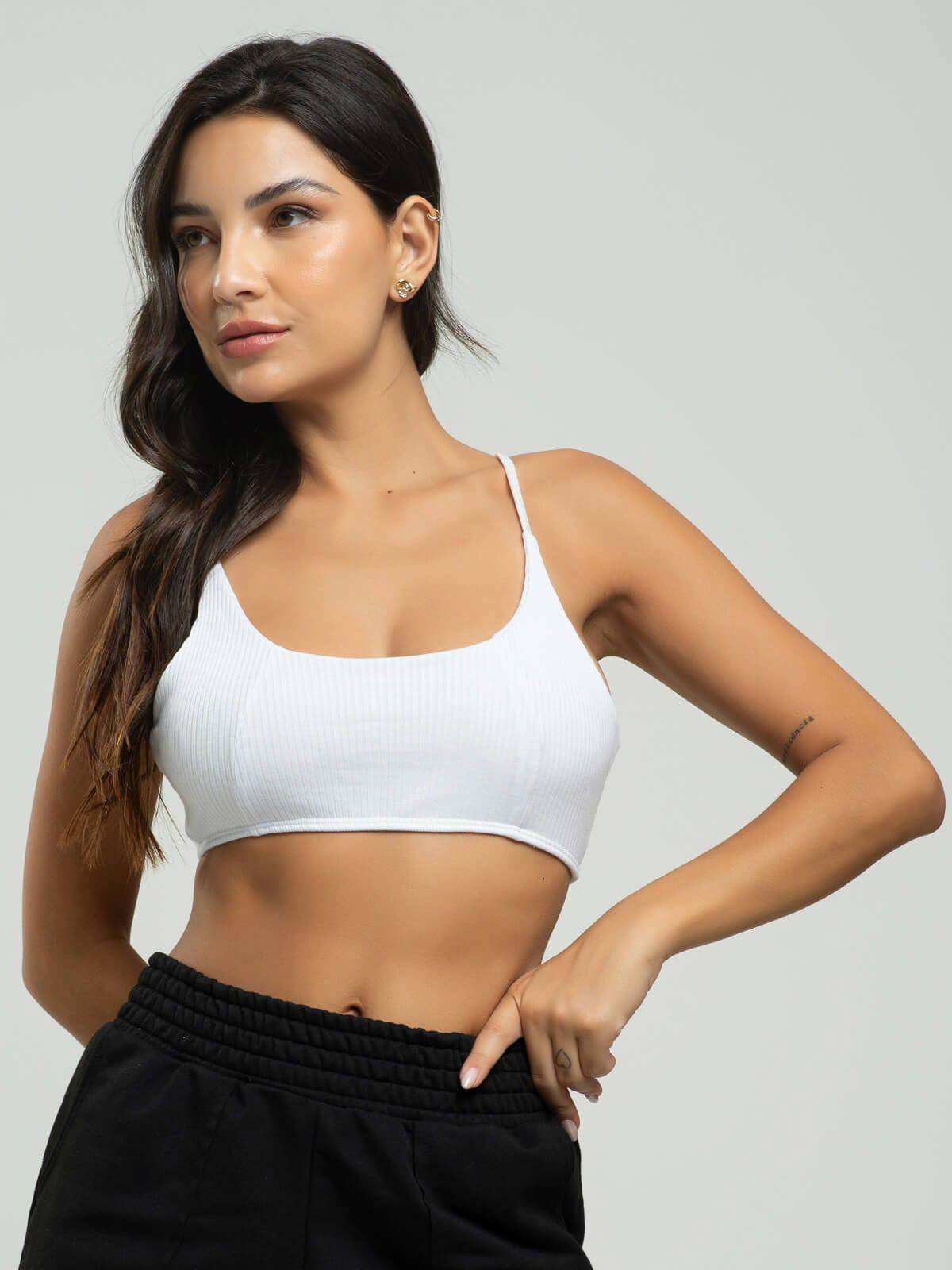 Top Canelado Alça Fina Sem Bojo Branco - Vicbela