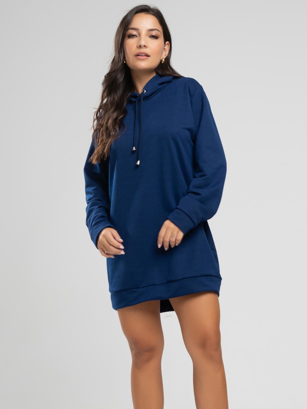 Vestido Blusão Com Capuz Manga Longa Azul Marinho - Vicbela
