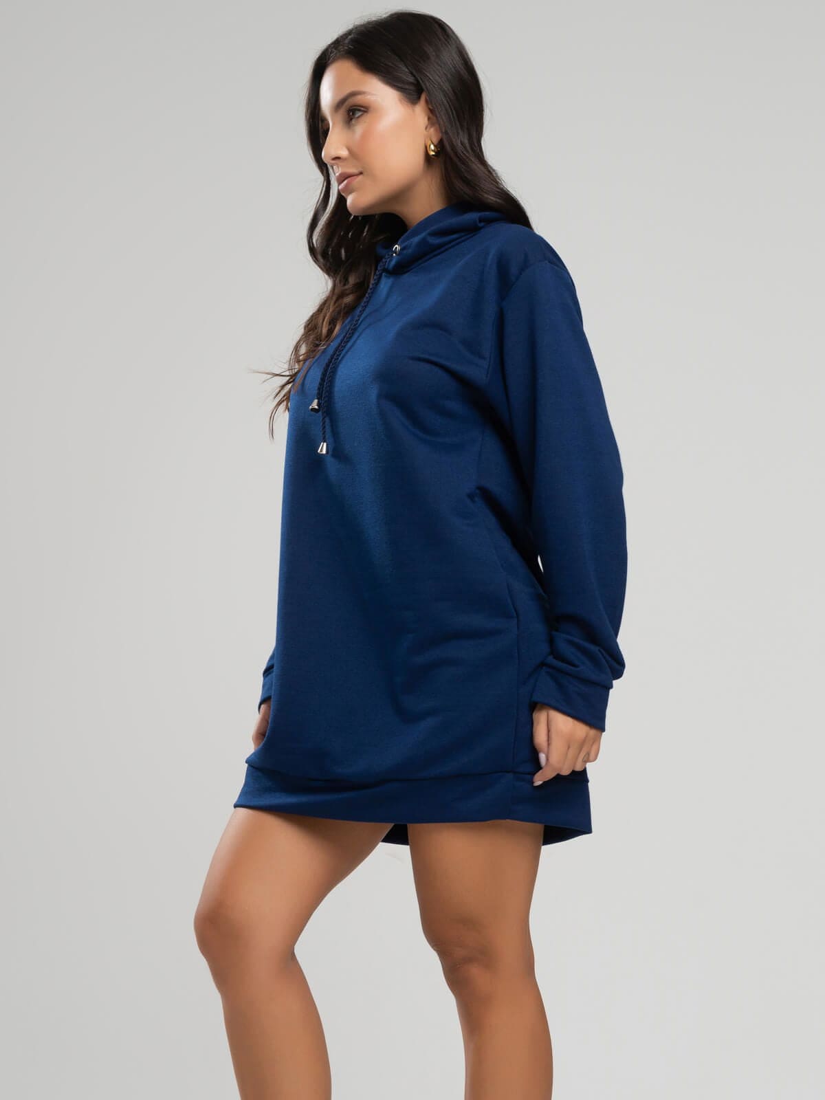 Vestido Blusão Com Capuz Manga Longa Azul Marinho - Vicbela