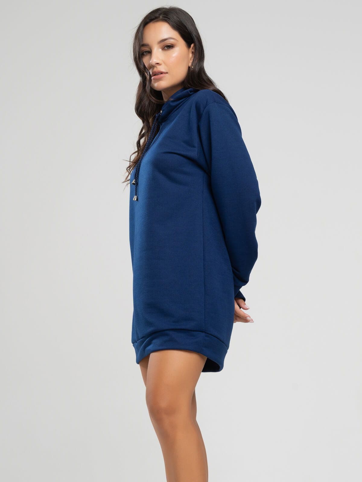 Vestido Blusão Com Capuz Manga Longa Azul Marinho - Vicbela