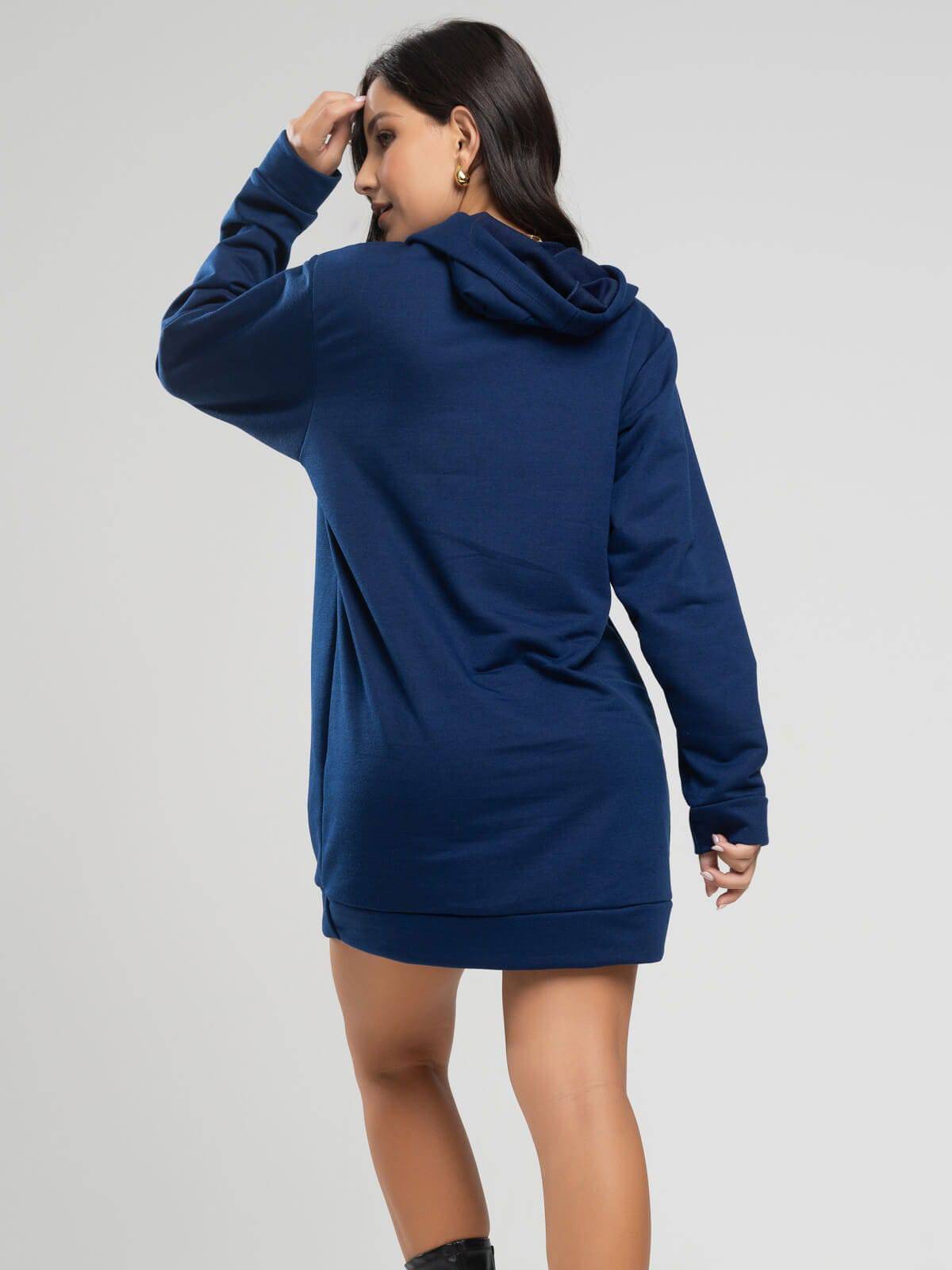 Vestido Blusão Com Capuz Manga Longa Azul Marinho - Vicbela