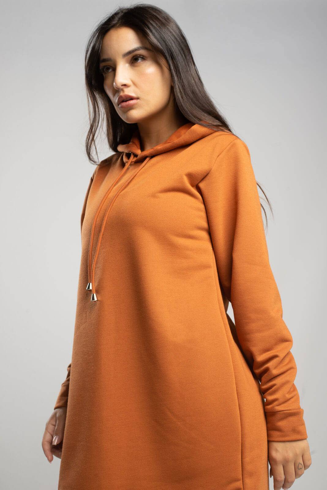 Vestido Blusão Com Capuz Manga Longa Terracota - Vicbela