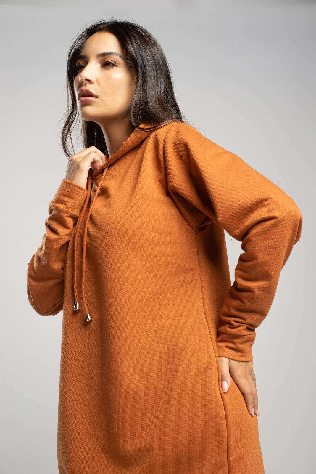 Vestido Blusão Com Capuz Manga Longa Terracota - Vicbela