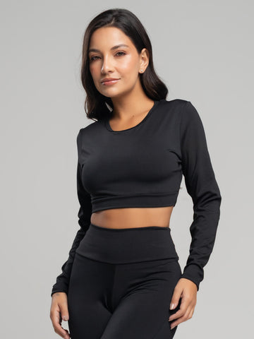 Top Cropped Manga Longa Suplex Fitness Preto