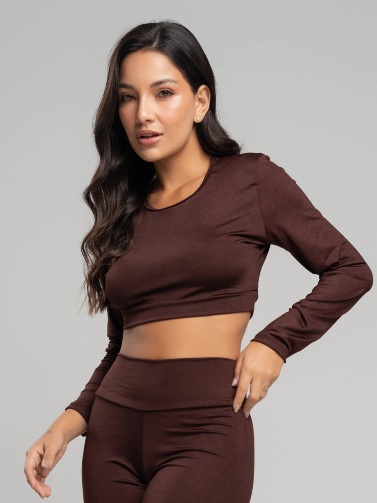 Top Cropped Manga Longa Suplex Fitness Marrom - Vicbela