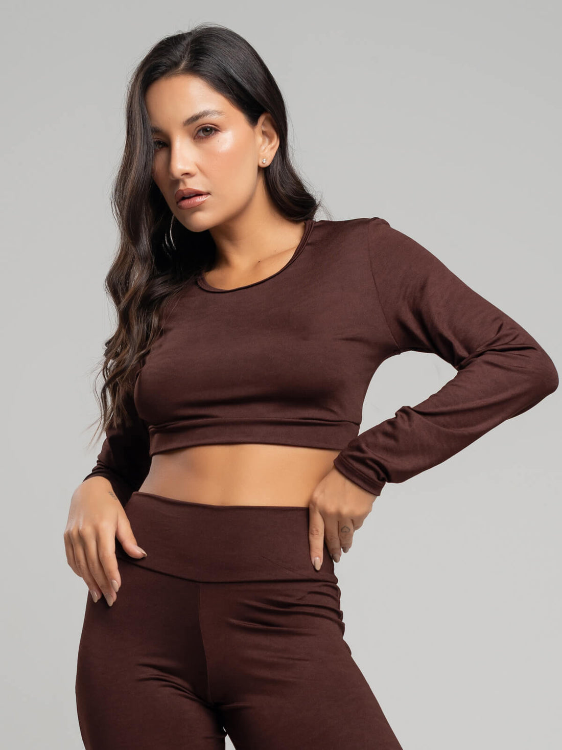 Top Cropped Manga Longa Suplex Fitness Marrom - Vicbela